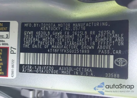 2016 Toyota Camry Se из США, поврежденный, VIN 4T1BF1FK5GU251889